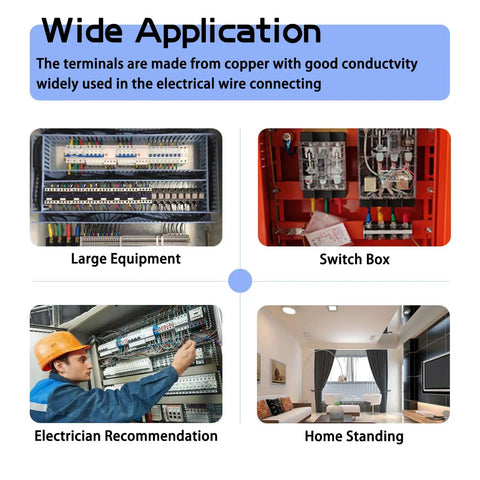 Wide application of 320 Piece Spade Wire Terminal Connectors Kit For 22 14 AWG Wires shown in electrical settings, including large equipment, switch box, and residential use.