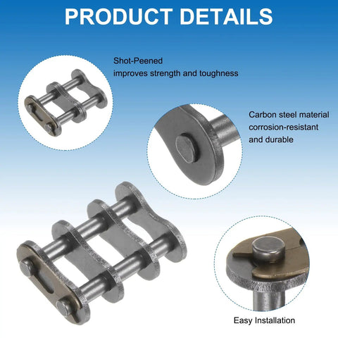 Close-up of Eight Piece Double Roller Chain Master Connector Links For 10A-2 And 50-2 Roller Chains, 15.875mm Pitch Carbon Steel