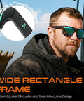 Job Site Tough Z87.1 Safety Sunglasses For Men Featuring Polarized Lenses And UV400 Shielding close-up of wide rectangle metal frame and hinge design.