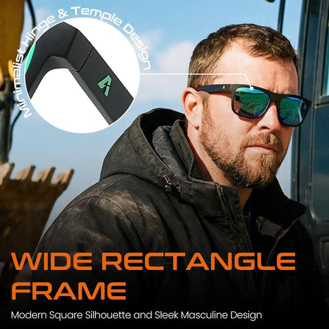 Job Site Tough Z87.1 Safety Sunglasses For Men Featuring Polarized Lenses And UV400 Shielding close-up of wide rectangle metal frame and hinge design.