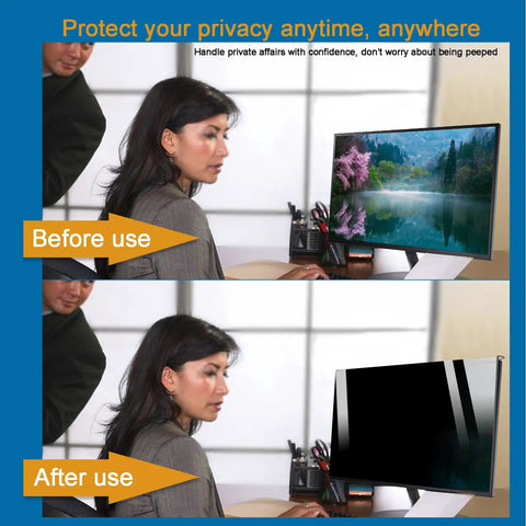 Before and after using Privacy Screen Filter For 18 To 20 Inch Monitors With Anti Glare, Hanging Acrylic Shield Designed For 18.5 To 20.5 Inch Widescreen Desktops