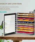 No Sweat Electric Food Dehydrator With 10 Roomy Stackable Trays, 1000 Watt Fruit And Veggie Dryer displaying layered fruit slices.
