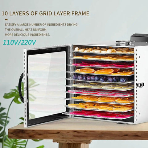 No Sweat Electric Food Dehydrator With 10 Roomy Stackable Trays, 1000 Watt Fruit And Veggie Dryer displaying layered fruit slices.