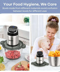 Food Processor Chopper And Meat Grinder With 2 Speed Settings And 8 Cup Stainless Steel And 8 Cup Glass Bowls in use