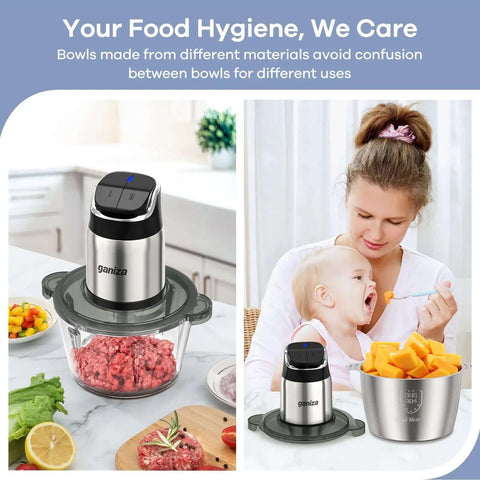 Food Processor Chopper And Meat Grinder With 2 Speed Settings And 8 Cup Stainless Steel And 8 Cup Glass Bowls in use