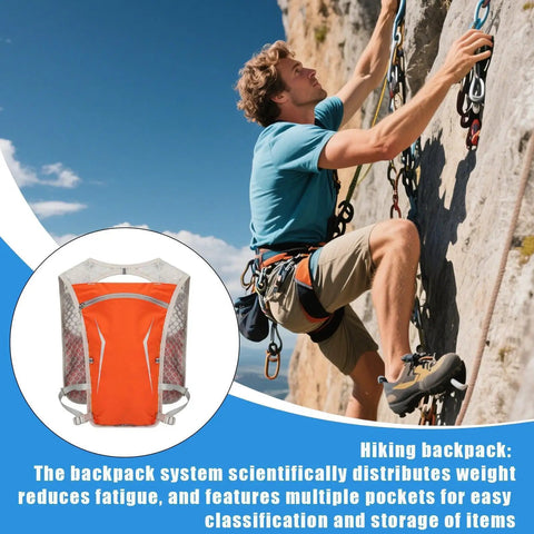 Hydration Running Pack For Men And Women Go To Lightweight Water Backpack Vest with Bottle Holder shown on rock climber
