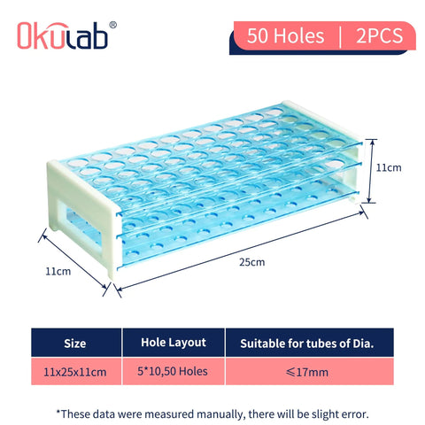 Two Pack Detachable Plastic Tube Rack With 50 Hole Test Tube Holder For Classroom And Lab, Durable Polystyrene, Holds Tubes Up To 17mm Diameter, Portable Three Tier Storage Tray, blue and white dimensions