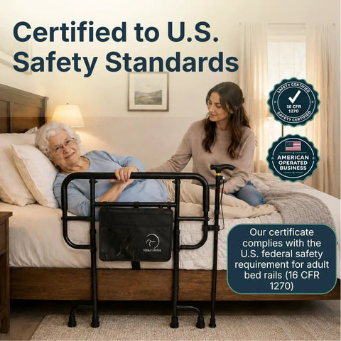 Built Tough Heavy Duty Bed Rail For Elderly And Plus Size Adults, Supports Up To 500 Lbs, shown on bed with user