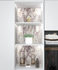 Shelves lined with White Marble Peel And Stick Wallpaper Removable Vinyl Covering For Countertops Backsplash Kitchen Desk Shelf Liner