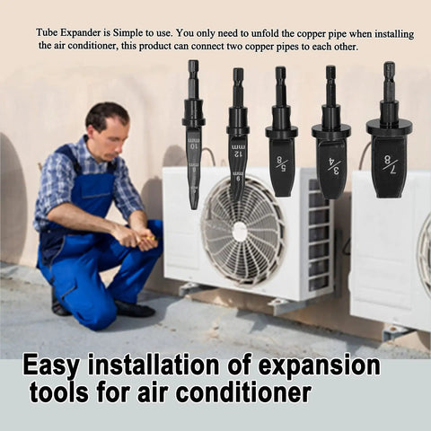 5Pcs Hex Handle AC Copper Pipe Swaging Tool Set High Speed Steel Tube Expander Drill Bits For HVAC Installers on an air conditioning unit.