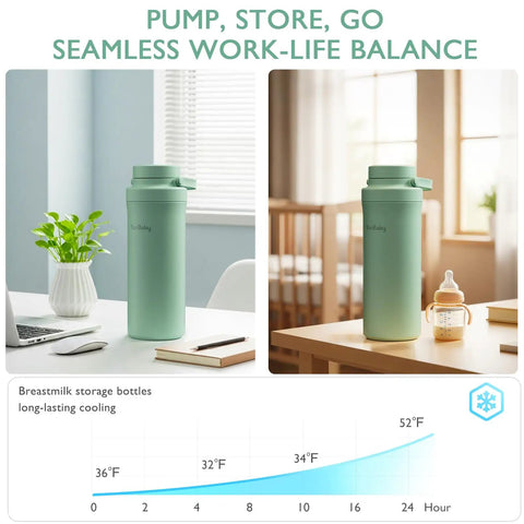 Portable Breast Milk Cooler With Thirty Hour Cooling To Keep Your Fresh Stash Crisp On The Hustle, Travel Proof Nursing Bag Including Two Bpa Free Stash Bottles And Pro Grade Ice Pack, Green on a desk with cooling chart.