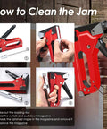 Instructions to fix staple jam in Beast Of A 4 In 1 Heavy Duty Upholstery Staple Gun Kit With 1200 Staples on wooden background