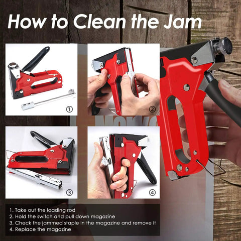 Instructions to fix staple jam in Beast Of A 4 In 1 Heavy Duty Upholstery Staple Gun Kit With 1200 Staples on wooden background