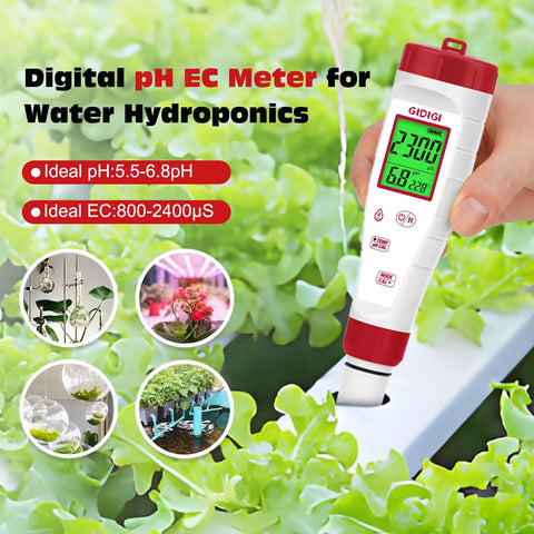 4 In 1 Digital Water Tester With Backlit Display For pH TDS EC And Temperature Ideal For Drinking Water Hydroponics Pools And Home Use No Fuss Quick Reads And Easy To Read featured in a hydroponic setup with leafy greens.