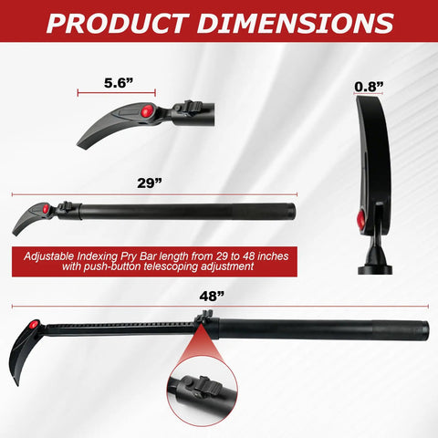 Built Different Heavy Duty 29 To 48 Inch Adjustable Pry Bar With 14 Position 180 Degree Rotating Head dimensions showing 29 to 48 inches length.