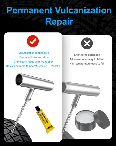 Heavy Duty Tire Repair Kit With Plugs T Handle Probe Insert Tool Glue And Case For Car Truck Motorcycle Atv On The Fly Flat Fixes, showing steel probe and rubber glue for permanent vulcanization.