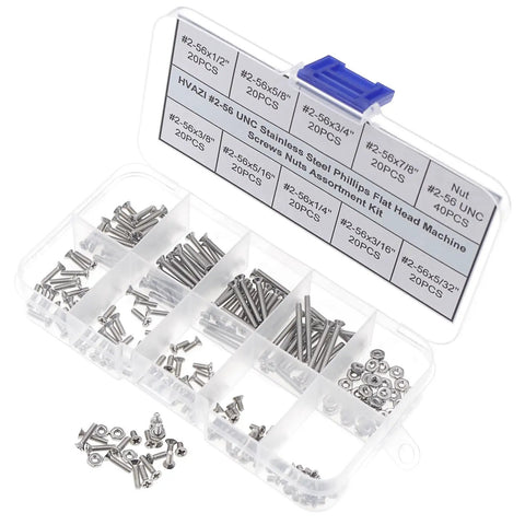 Backyard Builder Friendly Standard 2 56 UNC Stainless Steel Phillips Flat Head Machine Screws And Hex Nuts Assortment Kit With 220 Pieces In Nine Varying Lengths For Rock Solid Fixes And No Sweat Builds