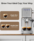 Top Shelf One Touch Espresso Machine With Smooth Milk Frother And Instant Cold Brew Maker Craft Rich Lattes And Creamy Cappuccinos Quick Countertop Coffee Setup Easy Peasy Brewing And Durable Build For Morning Grind showcasing single and double shot options.