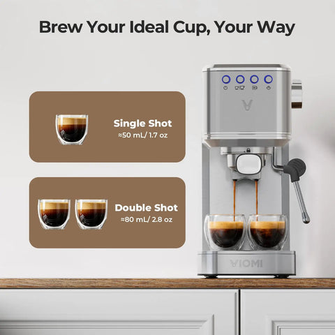 Top Shelf One Touch Espresso Machine With Smooth Milk Frother And Instant Cold Brew Maker Craft Rich Lattes And Creamy Cappuccinos Quick Countertop Coffee Setup Easy Peasy Brewing And Durable Build For Morning Grind showcasing single and double shot options.
