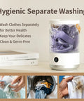 Compact Portable Mini Washing Machine For Dorm Life And Getaways Cordless Electric Washer For Underwear Socks And Baby Gear With Quick Type C Charging To Keep Your Laundry Flawless On The Daily Grind with clothes being washed separately.