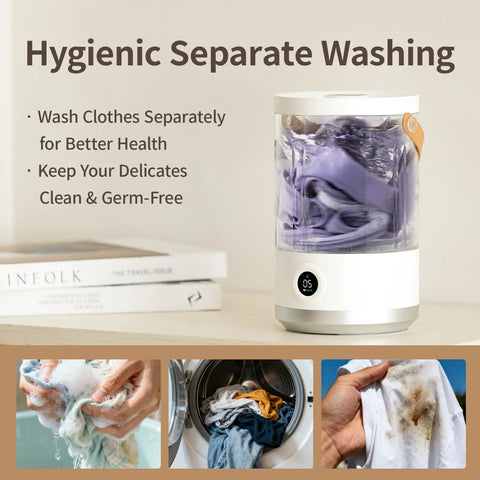 Compact Portable Mini Washing Machine For Dorm Life And Getaways Cordless Electric Washer For Underwear Socks And Baby Gear With Quick Type C Charging To Keep Your Laundry Flawless On The Daily Grind with clothes being washed separately.