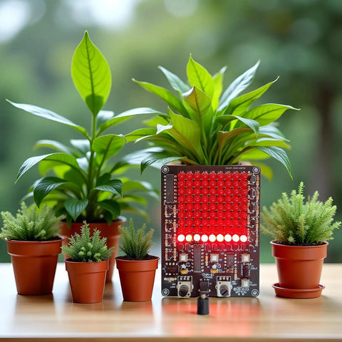 LED Chaser Soldering Practice Kit With 81 LEDs On A Handy PCB Board For STEM Electronics Projects And School Learning Diy EK1974, lit in red, surrounded by potted plants.
