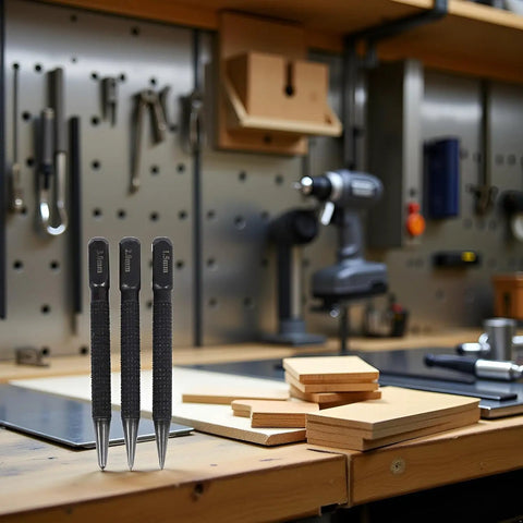 No Nonsense Center Punch Set With Rock Solid High Carbon Steel Build, three punches on workbench near wood pieces.