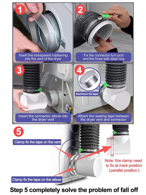 Installation steps for Space Saving Dryer Vent Hose Kit For Tight Spaces Inside The Home with 90 Degree Elbow and accessories.