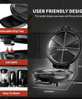 Novalife Electric Quesadilla Maker 9.5 Inch Press with user-friendly lid latch and removable drip tray design.