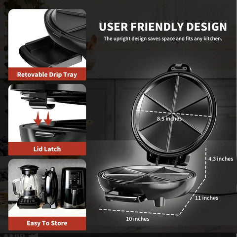 Novalife Electric Quesadilla Maker 9.5 Inch Press with user-friendly lid latch and removable drip tray design.