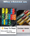 150 Piece Standard Automotive Fuse Kit For Cars, Trucks, SUVs, Boats And RVs With ATO Blade Fuses 2A To 35A Range shown with clear labels.