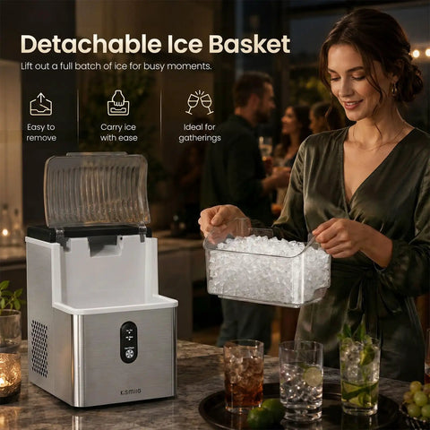 Top Tier Countertop Nugget Ice Maker Churns Out 35 Pounds Of Chewable Pebble Ice In Just Seven Minutes With Self Cleaning Design And Removable Basket For Everyday Chill Sessions In Silver, showing detachable ice basket in use.