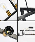 Components of Sleek Five Light Kitchen Island Pendant Light Fixture, Industrial Chandelier Style in Matte Black with Antique Brass Finish.