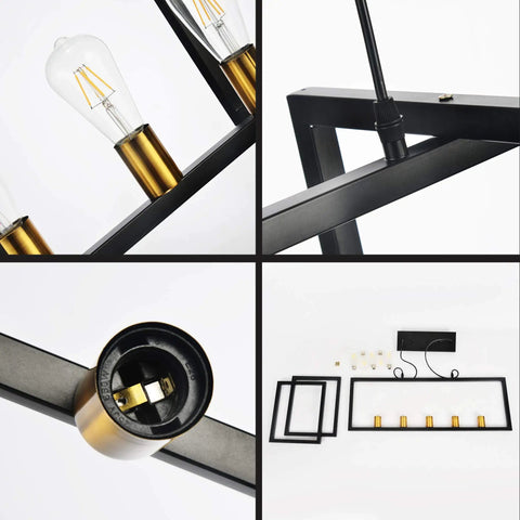 Components of Sleek Five Light Kitchen Island Pendant Light Fixture, Industrial Chandelier Style in Matte Black with Antique Brass Finish.
