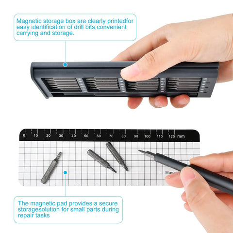 Hands holding a 25-In-1 Mini Precision Screwdriver Set For Electronics And Gadgets, showcasing its magnetic torque tool kit with precision bits.