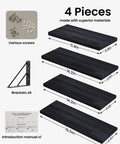 Straight Up Sleek Wall Mounted Floating Shelves In Matte Black Solid Set Of Four showing dimensions and assembly hardware.