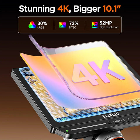 Autofocus 4K HDMI Digital Microscope With 10.1 Inch EM4K AF Flex Arm Display AI Auto Focus Real Time Refocus For Precision Inspection In Labs Classrooms And Hobbyist Setups, 10.1-inch screen shown