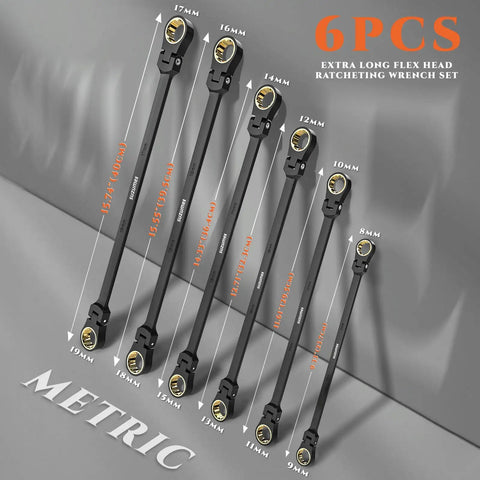Extra Long Flex Head Ratcheting Wrench Set Six Piece Hella Tough For Tight Engine Bays 8-19mm Double Box End 180 Degree