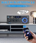 Powerful Bluetooth 5 Point 0 HiFi Stereo Amplifier Receiver 40W X 2 Channel in use with phone, remote, controls.