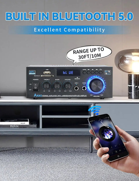 Powerful Bluetooth 5 Point 0 HiFi Stereo Amplifier Receiver 40W X 2 Channel in use with phone, remote, controls.