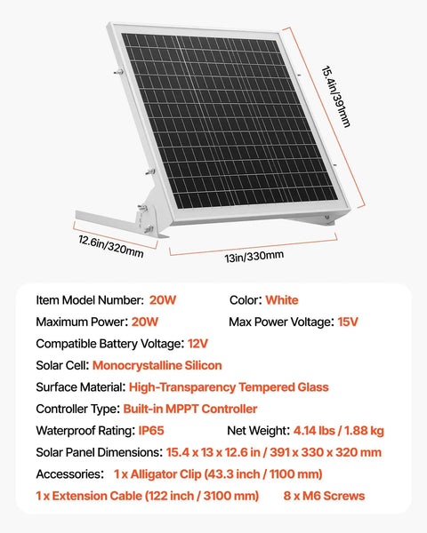 20W 12V Solar Battery Trickle Charger Maintainer with Built In MPPT Controller Mono Solar Panel with dimensions & specs