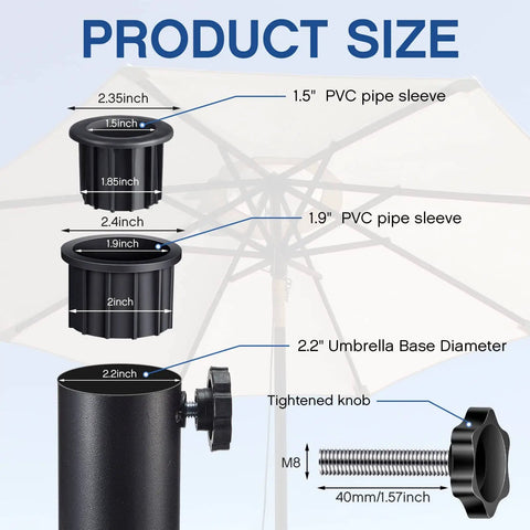 Diagram of the Six Piece Patio Umbrella Base Ring Cover And Cap Kit With M8 Thread Hand Knob Caps Replacement Parts and size details