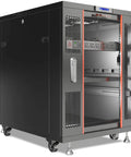Tough As Nails 18U Server Rack Cabinet With Locking Doors 39 Inch Deep Heavy Duty Steel Build displaying interior shelves and power ports.