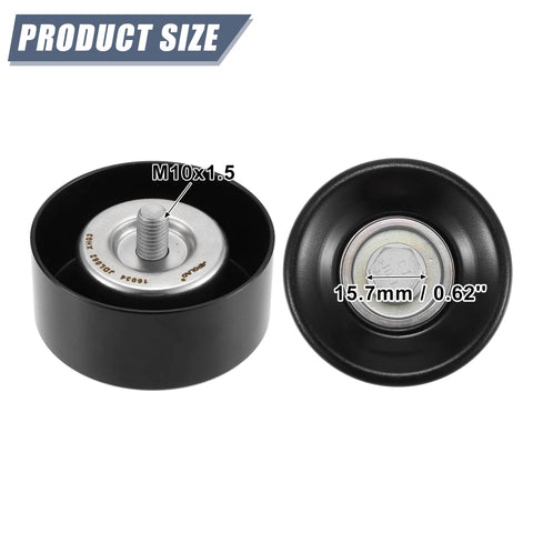 X AUTOHAUX drive belt idler pulley, black metal, M10x1.5 bolt, 15.7 mm bore (front and side views)