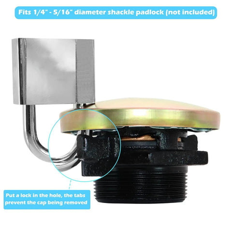 Vented Diesel Transfer Tank Cap With Threaded Neck And Two Inch Base For Easy Fuel Venting Gas Fill Lid For Diesel Transfer Auxiliary Storage Or Truck Toolbox Use Durable Two Inch NPT Bung Fit, showing lock hole and threaded bung base