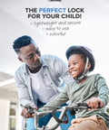 Father and son with bike, promoting Kids Bike Lock Cable With 5 Digit Resettable Code Colorful No Key Needed Bicycle Lock.