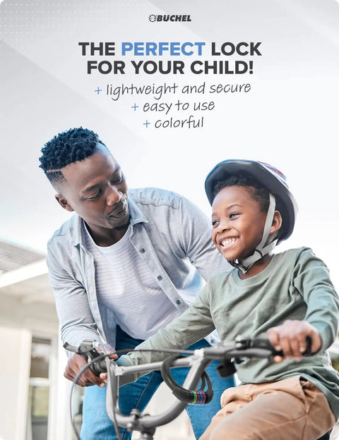 Father and son with bike, promoting Kids Bike Lock Cable With 5 Digit Resettable Code Colorful No Key Needed Bicycle Lock.