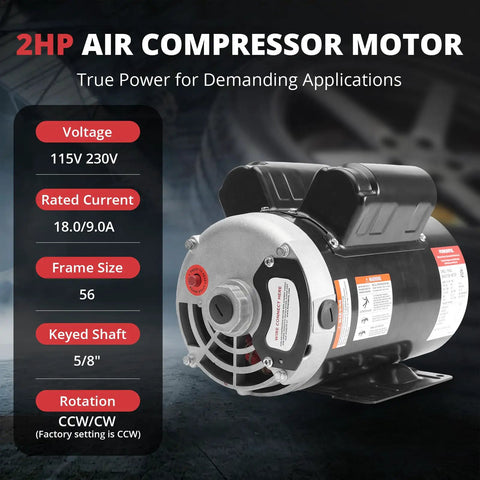 2 HP Single Phase Electric Motor for Air Compressors Dual Voltage 115 Volt and 230 Volt 3450 RPM 56 Frame 5/8 Keyed Shaft