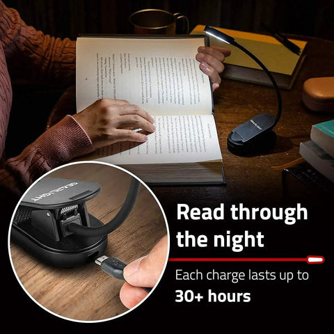 Person using Rechargeable Clip On Book Light For Reading In Bed Hands Free With 3 Light Modes And Adjustable Brightness Flexible Neck
