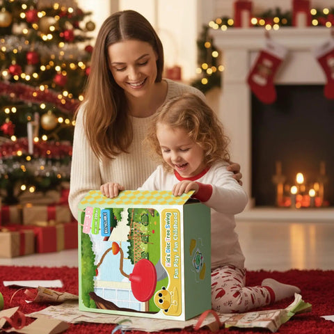 Child opening gift box with Heavy Duty Kid Friendly Climbing Rope Swing Kit With Platforms And Disc Seat For Tree Or Swing Set Fun